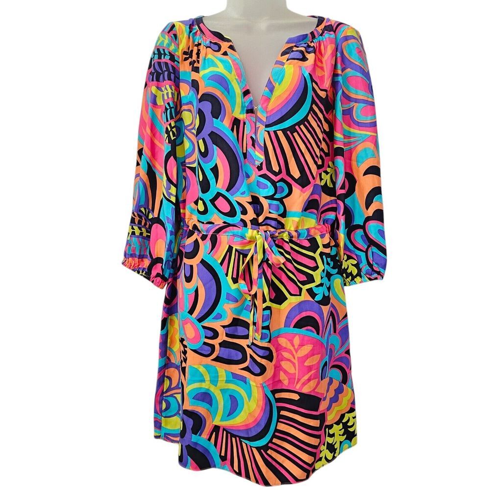 Alice Trixie Dress S 100% Silk Multicolor Abstract Tie Waist Mini‎ Boho Coastal